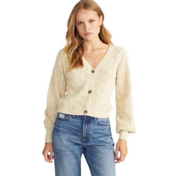 Driftwood Nancy Cardigan Sweater Women L Cream Cotton V Neck Balloon Sleeve Boho - Picture 3 of 16